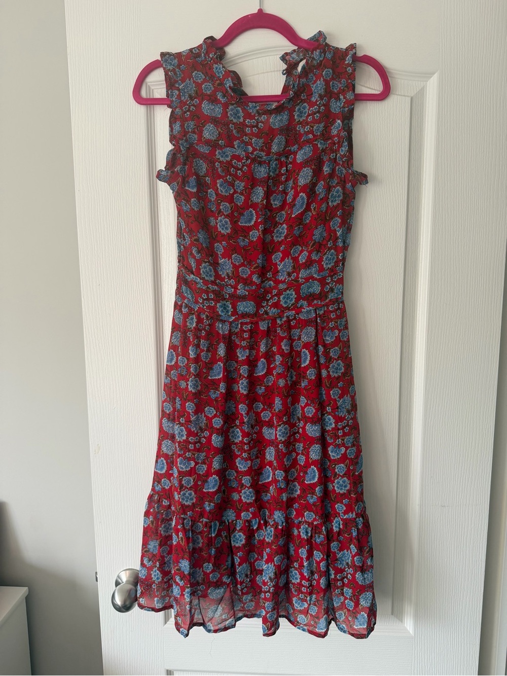 Monteau Red Midi Dress with Blue Floral Print